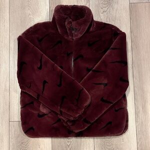 Nike Maroon Faux Fur Jacket with Black Swoosh